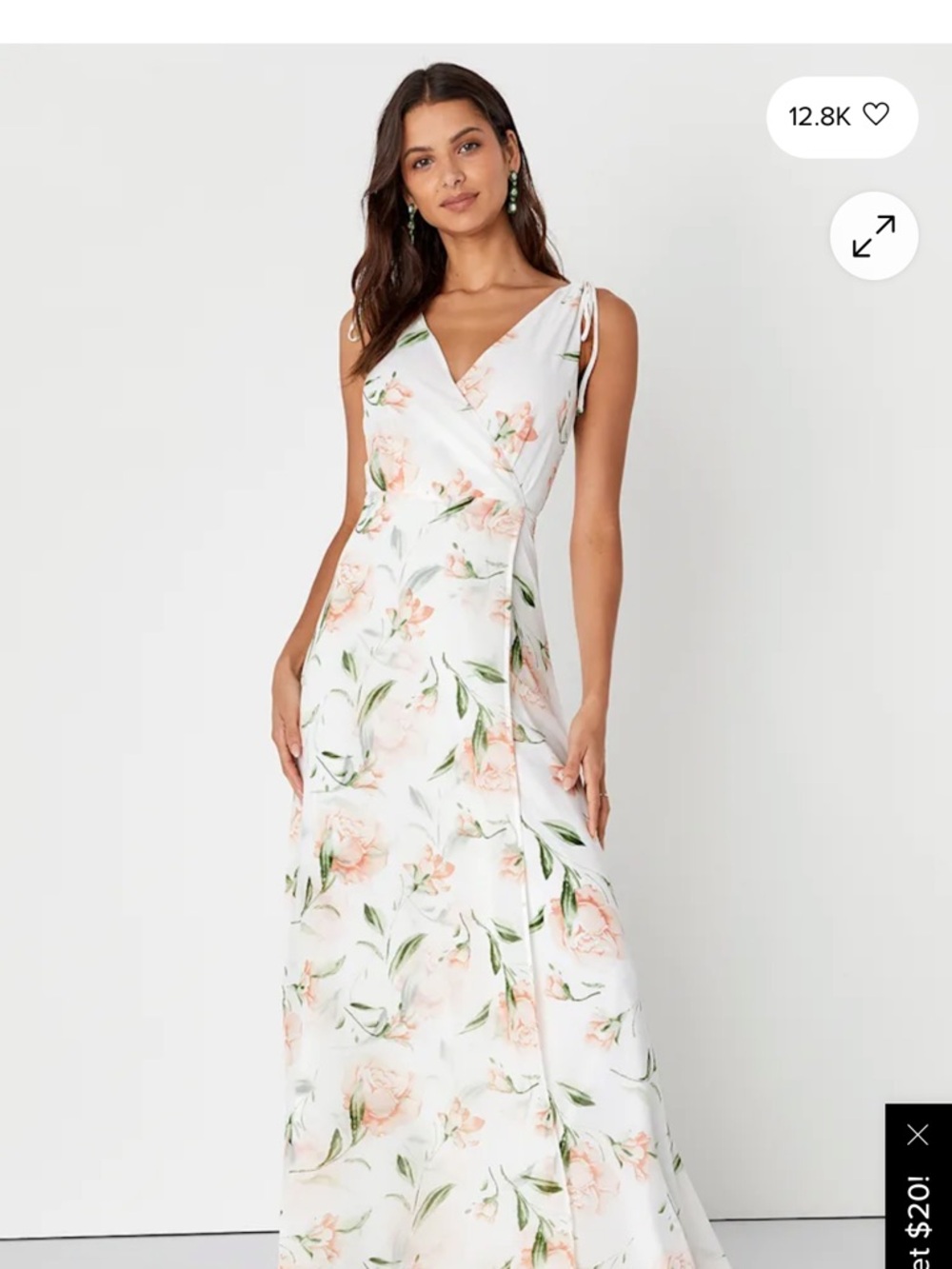 Lulu's White Maxi Dress with Blush Floral Print and Tie Shoulders New With/O Tag